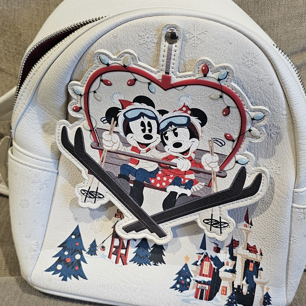 Loungefly White Backpack with Mickey and Minnie Skiing Design